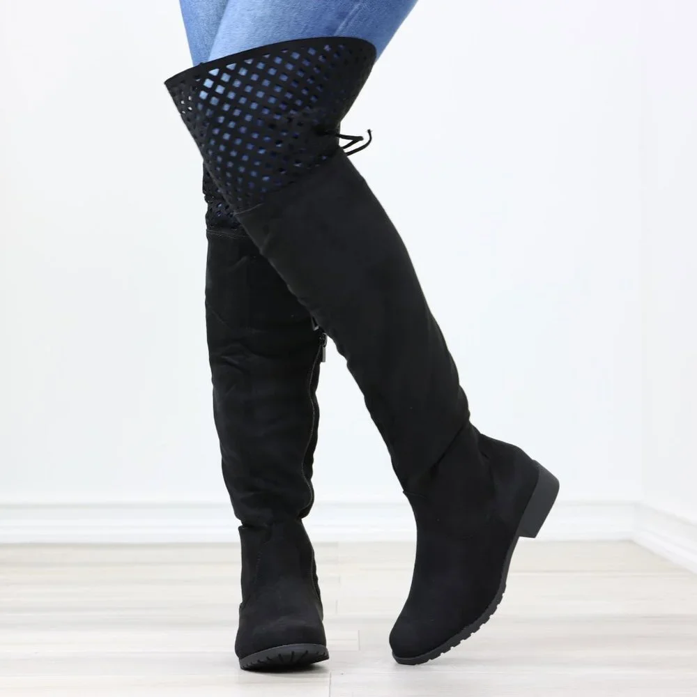 Black Thigh High Over The Knee Flat Boots Faux Suede - Picture 12 of 15